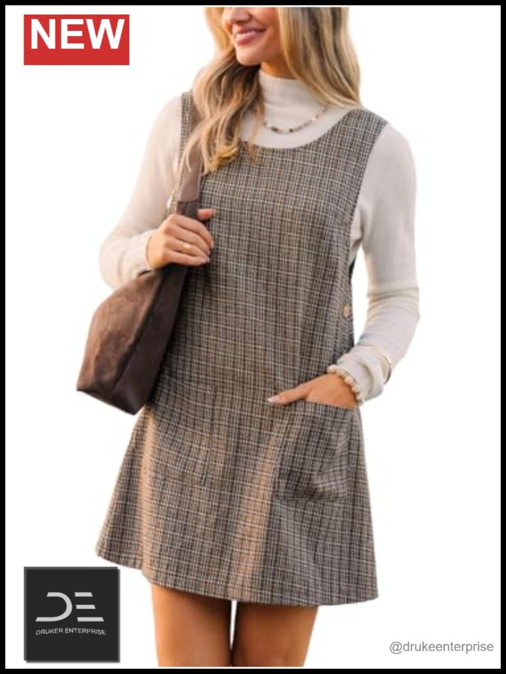Houndstooth Side Button Pinafore Overall Mini Dress Sleeveless